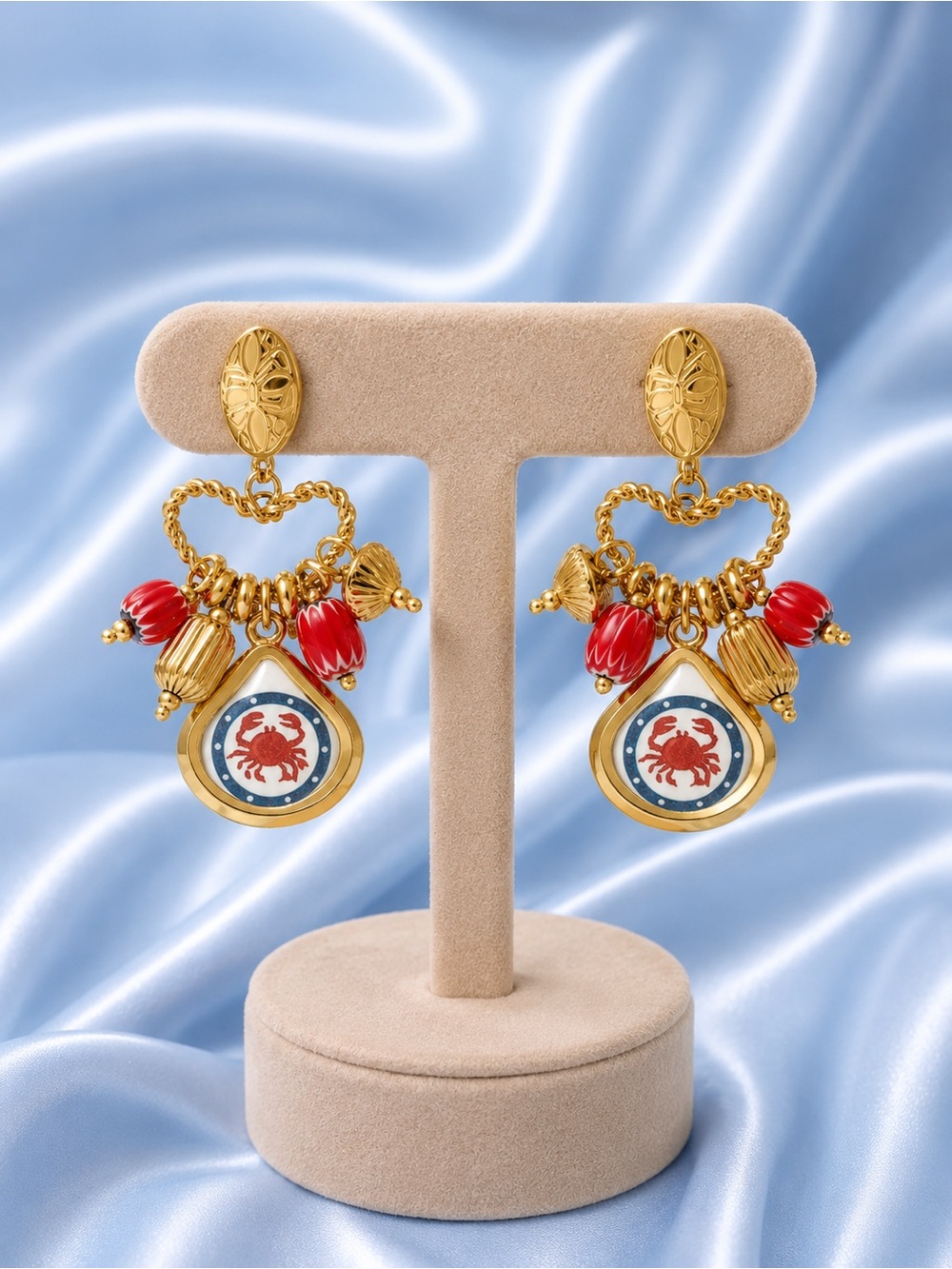 Nautical Chic Gold Drop Earrings With Crab Charms
